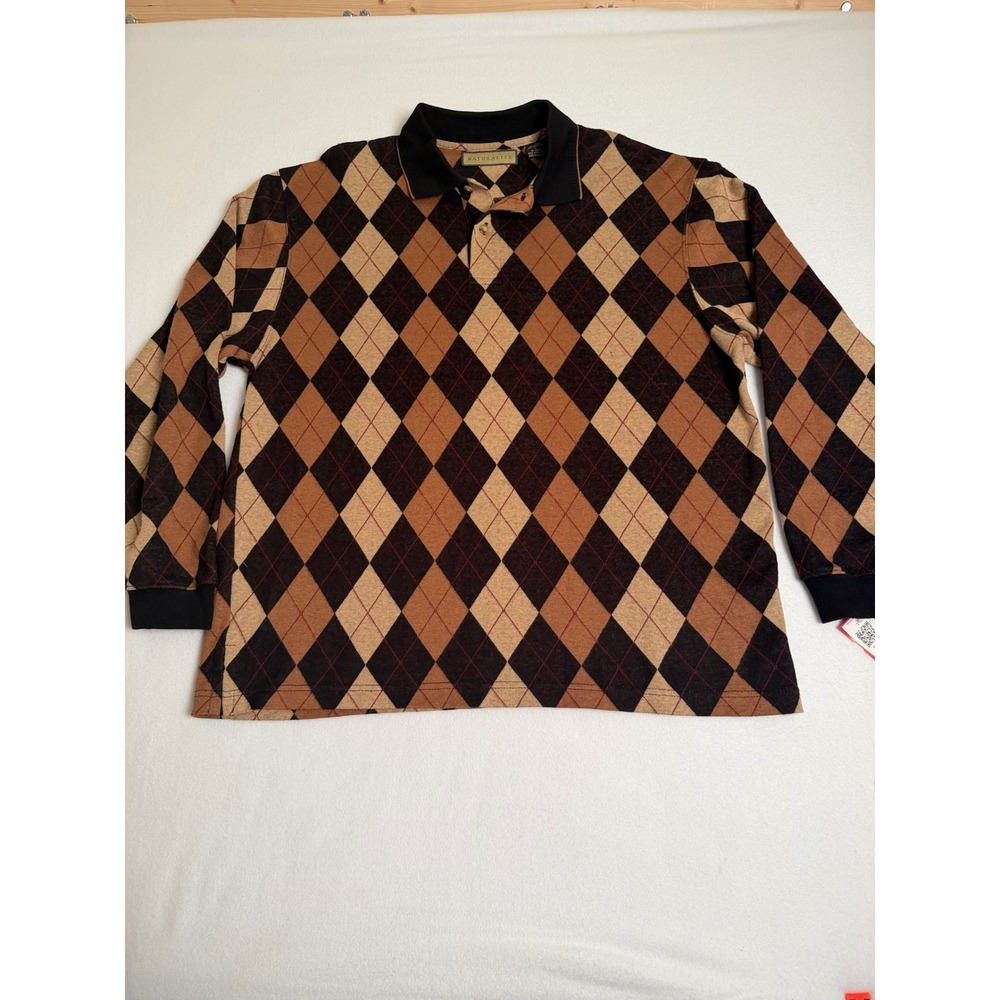 Naturalife Mens Argyle Long Sleeve Polo Shirt Brown Tan Black Cotton Blend L